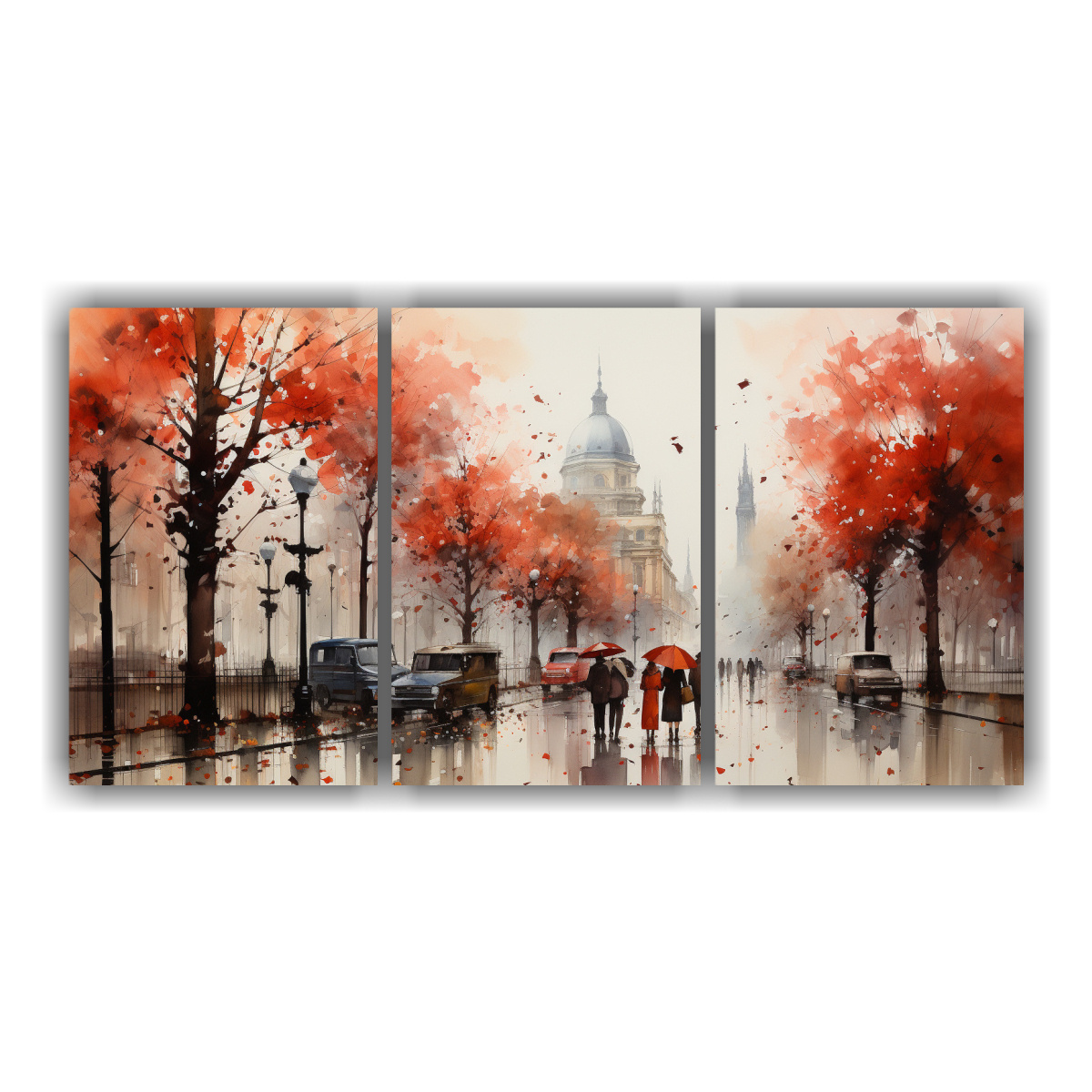 lienzos-conceptual-estrellados-gente-caminando-bajo-la-lluvia-con-paraguas-rojos-y-rboles-decorativos