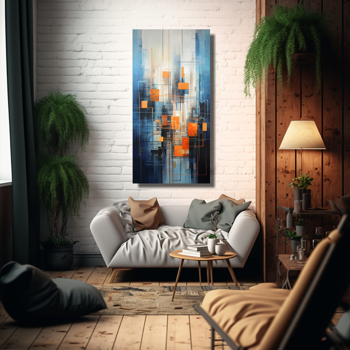 pintura-abstracta-de-ciudad-en-azul-y-naranja-en-bastidor-1