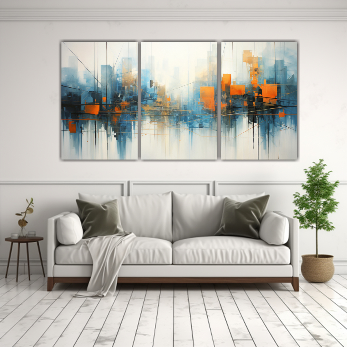 pintura-abstracta-de-ciudad-en-azul-y-naranja-tres-cuadros-movimiento-escena-1