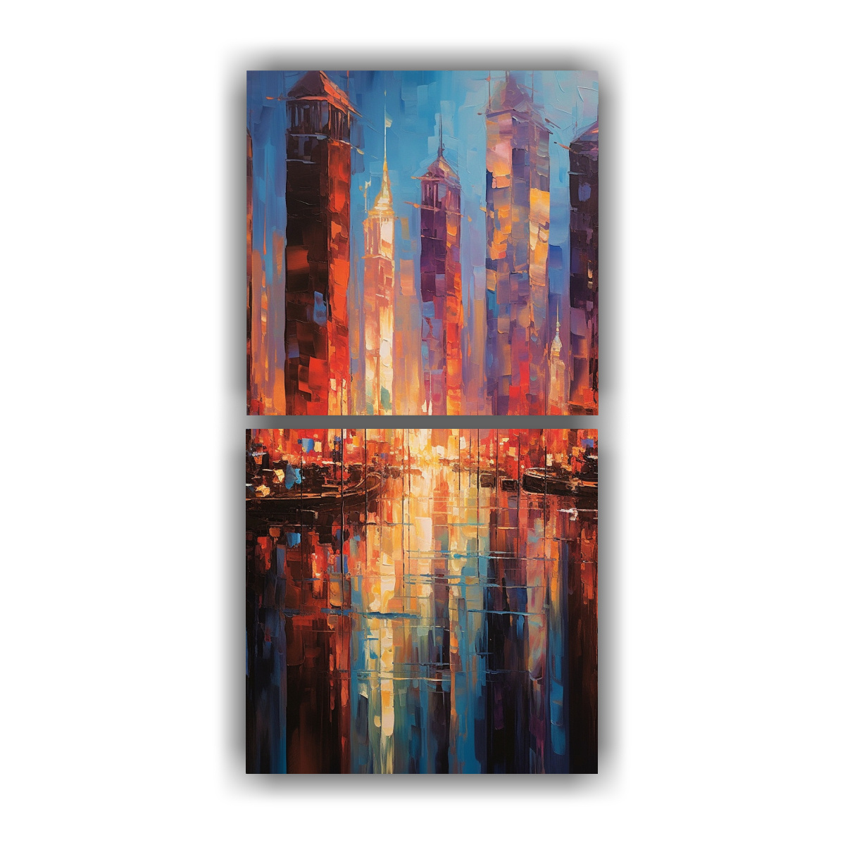 pintura-abstracta-de-ciudades-coloridas-y-reflejos-en-dos-telas