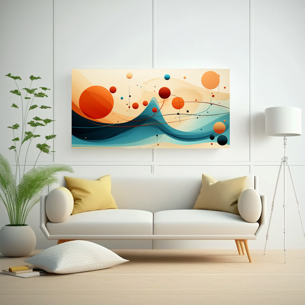 pintura-abstracta-de-formas-minimalistas-en-lienzo-teal-y-naranja-1