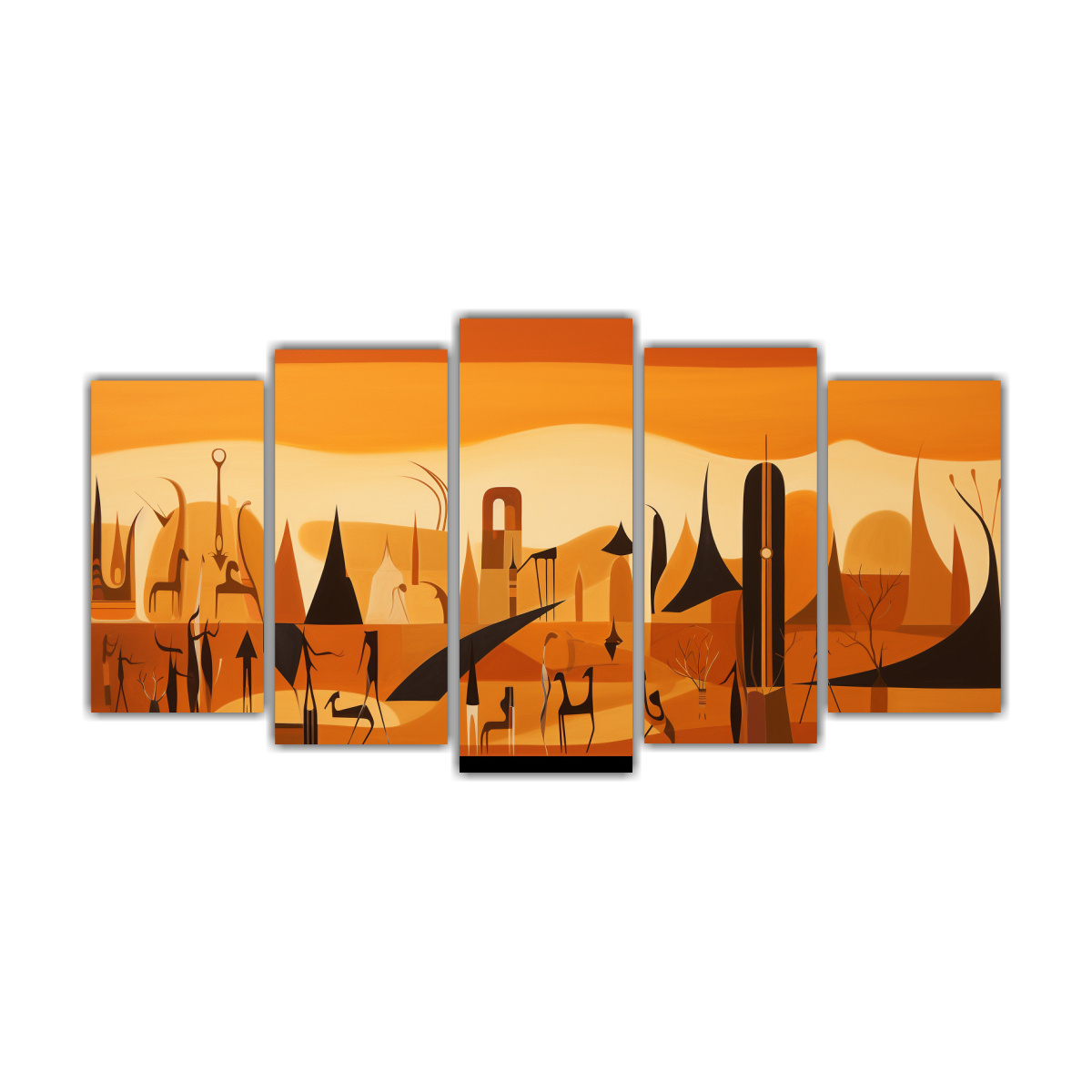 pintura-abstracta-de-sala-con-representaci-n-de-una-antigua-escena-egipcia-en-cinco-telas-en-bastidor-decorativo