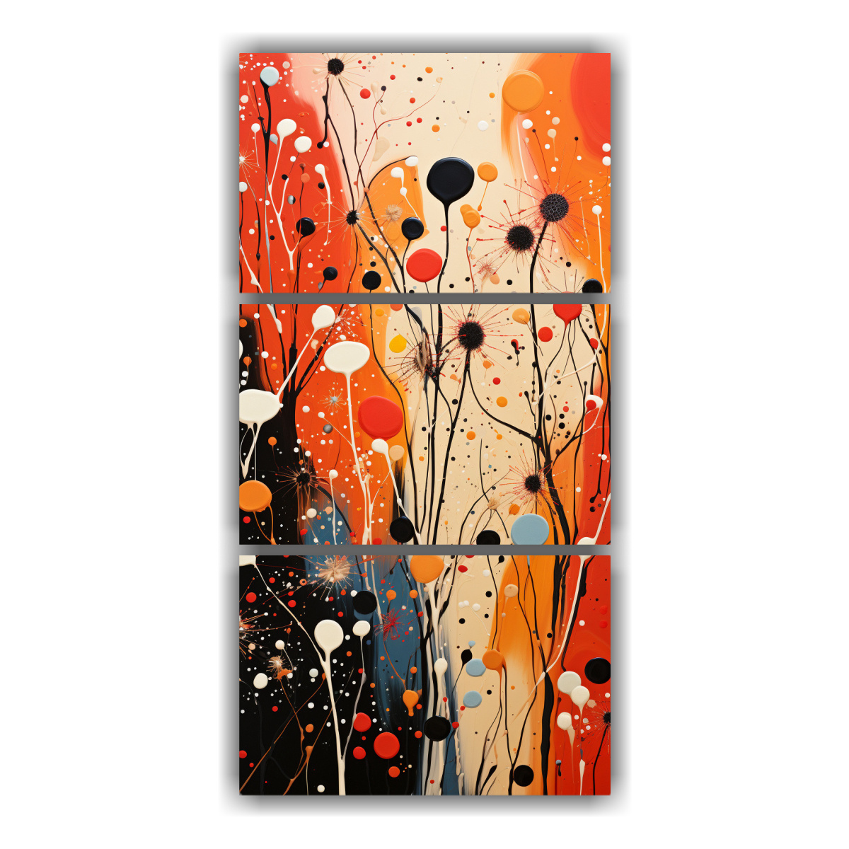 Pintura Abstracta En Amarillo Y Rojo Sobre Tres Telas En Bastidor