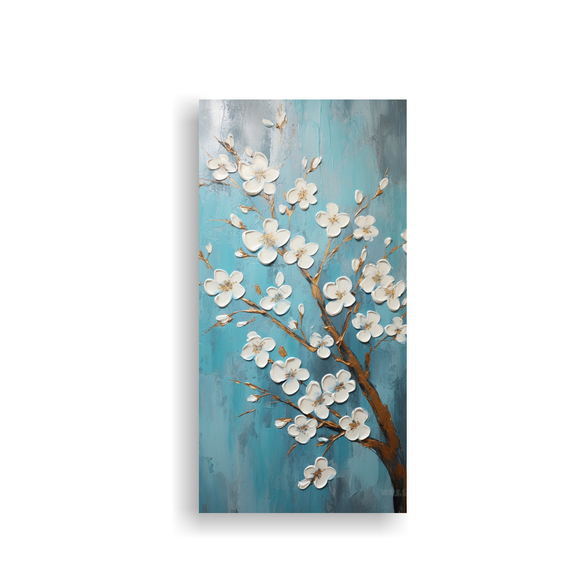 pintura-acuarela-comedor-con-flores-de-cerezo-turquesa-en-lienzo