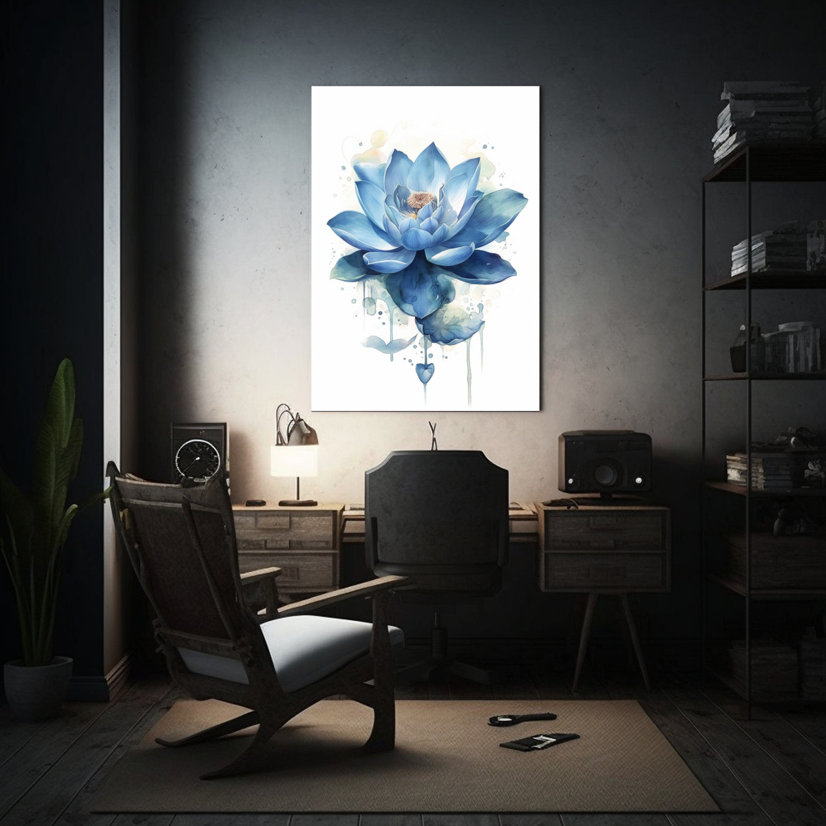 pintura-acuarela-moderna-de-loto-azul-oscuro-en-bastidor-1