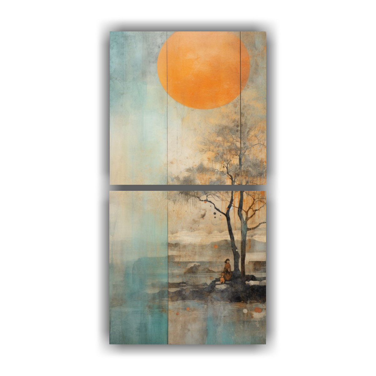 pintura-acuarela-para-cuarto-con-colores-naranja-turquesa-y-plateado