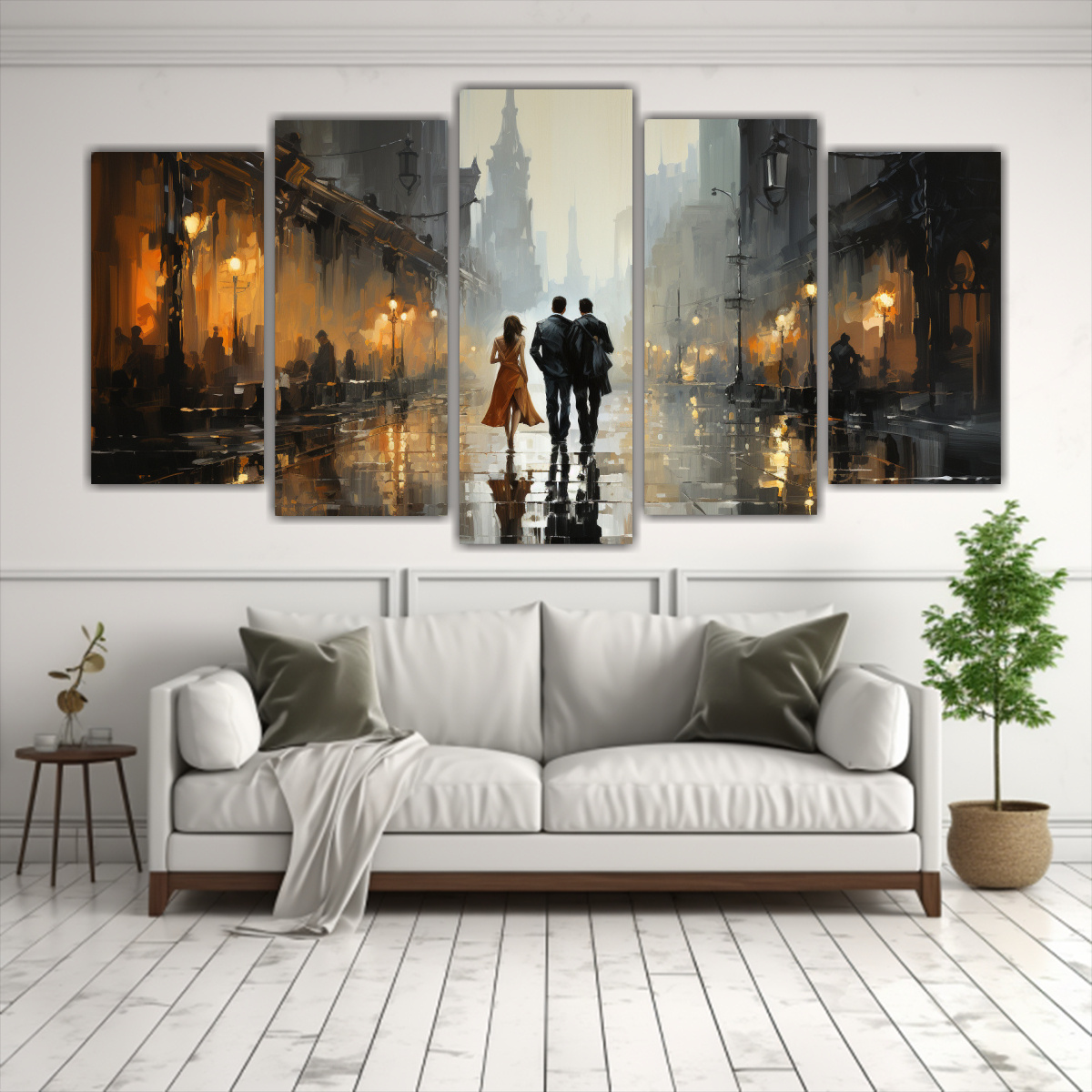 pintura-al-leo-impresionista-de-un-hombre-y-una-mujer-caminando-en-cinco-lienzos-de-tela-1