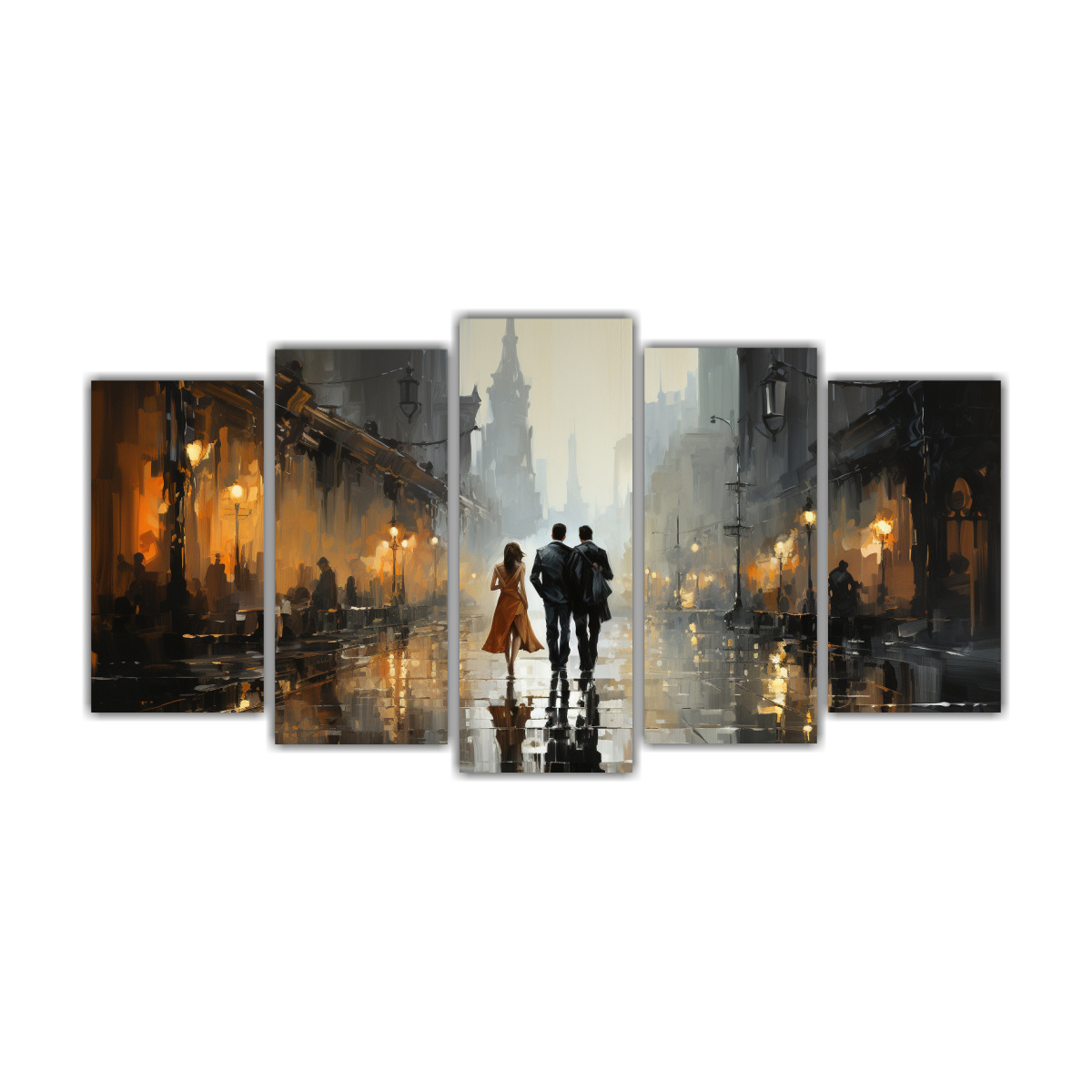 pintura-al-leo-impresionista-de-un-hombre-y-una-mujer-caminando-en-cinco-lienzos-de-tela