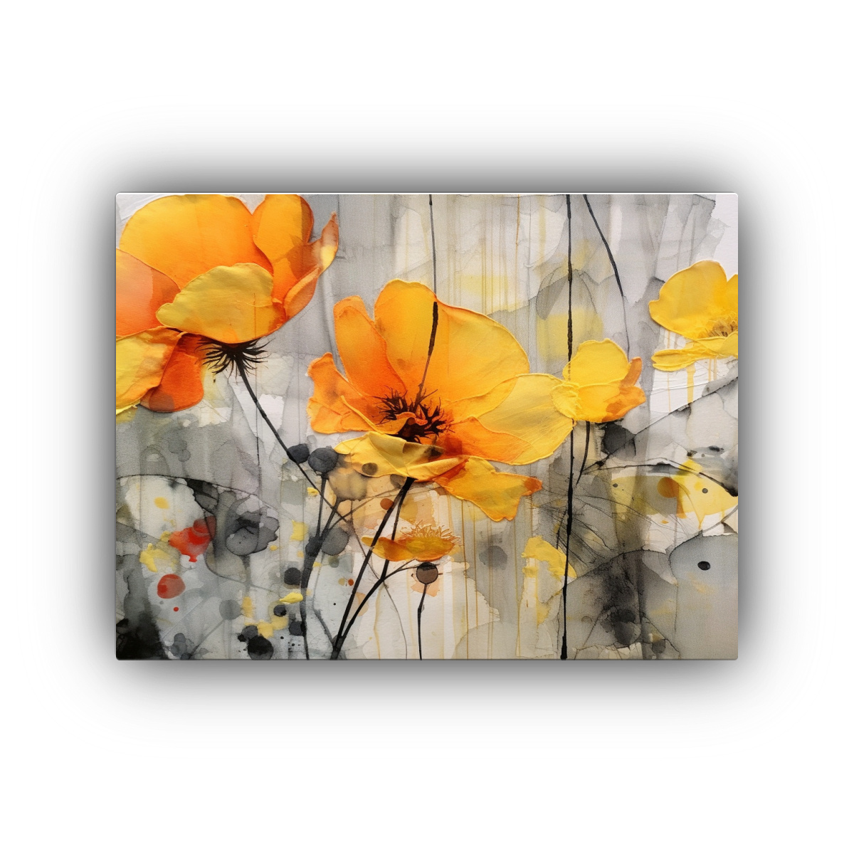 pintura-conceptual-minimalista-con-flores-amarillas-y-naranjas-en-estilo-tela-en-bastidor