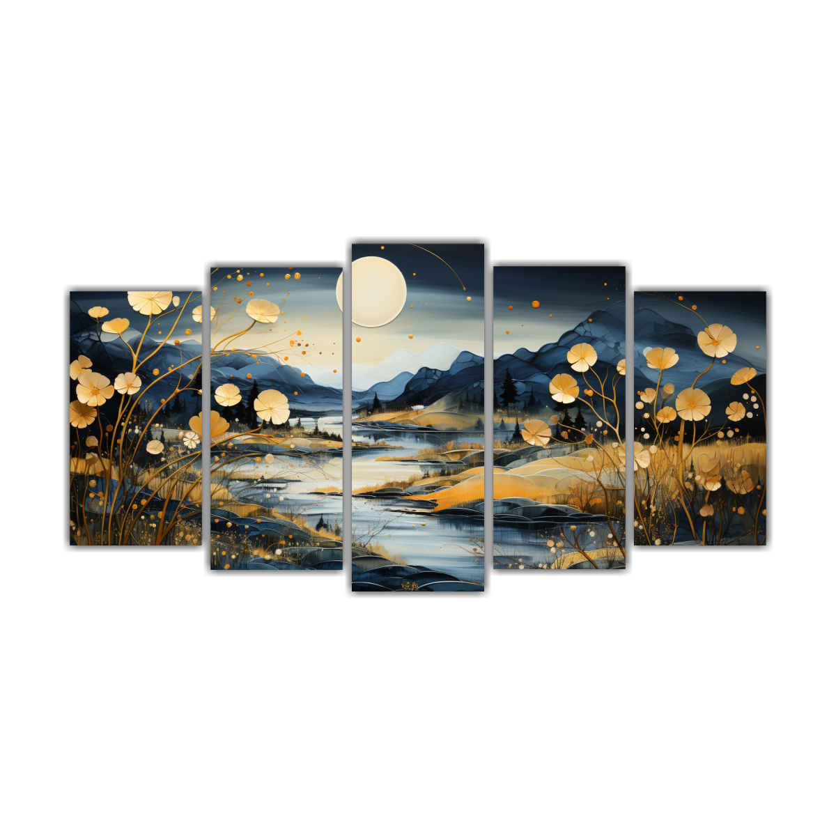 pintura-de-arte-abstracto-de-cinco-artes-de-pared-con-luna-y-monta-as