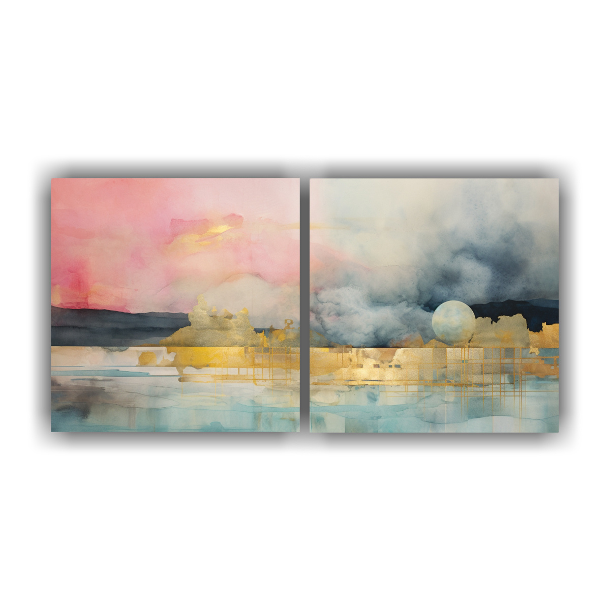 pintura-de-arte-de-pared-concepto-regalo-en-rosa-turquesa-y-dorado-en-acuarela