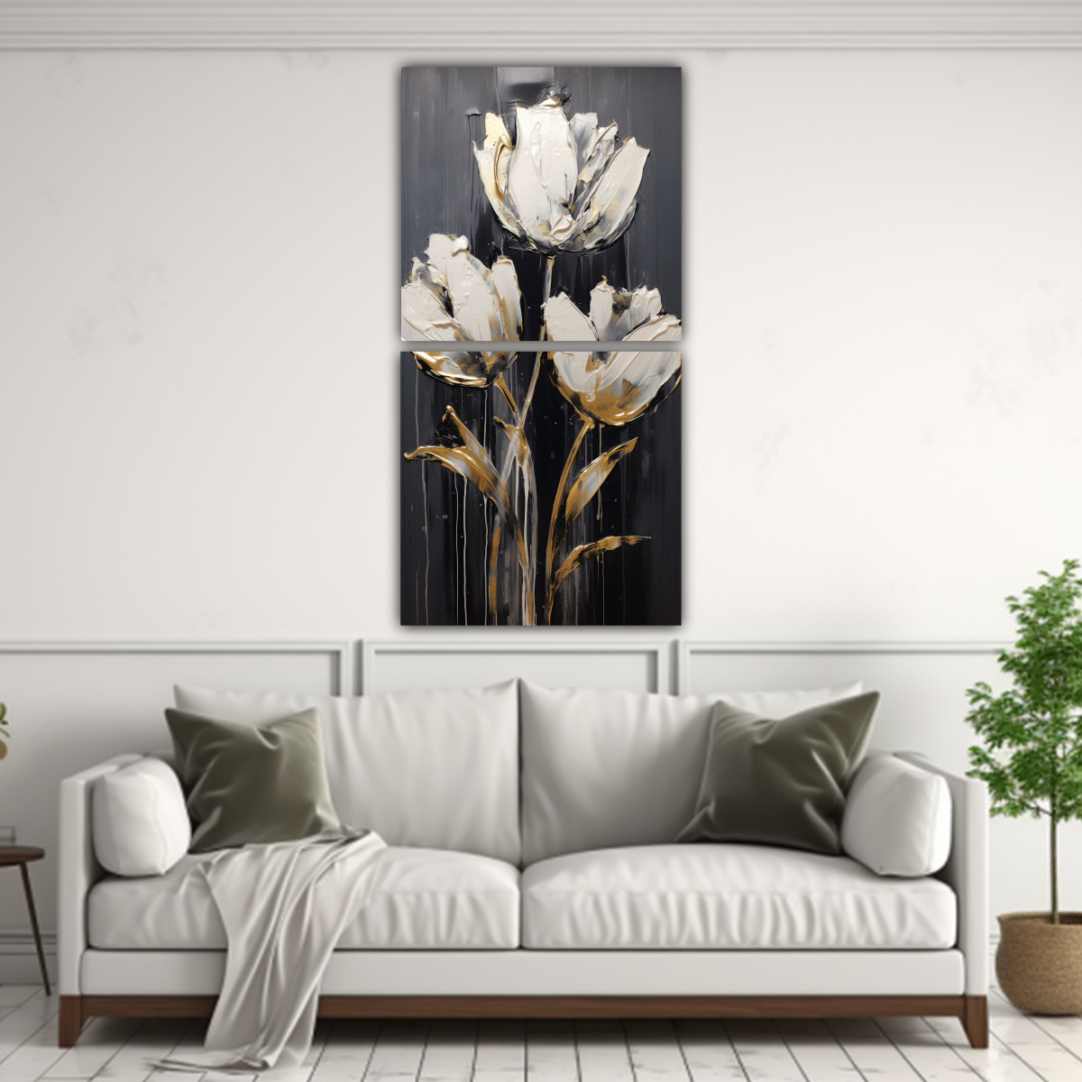 pintura-de-lienzo-diptico-finas-lineas-salon-estilo-tulipanes-negros-1