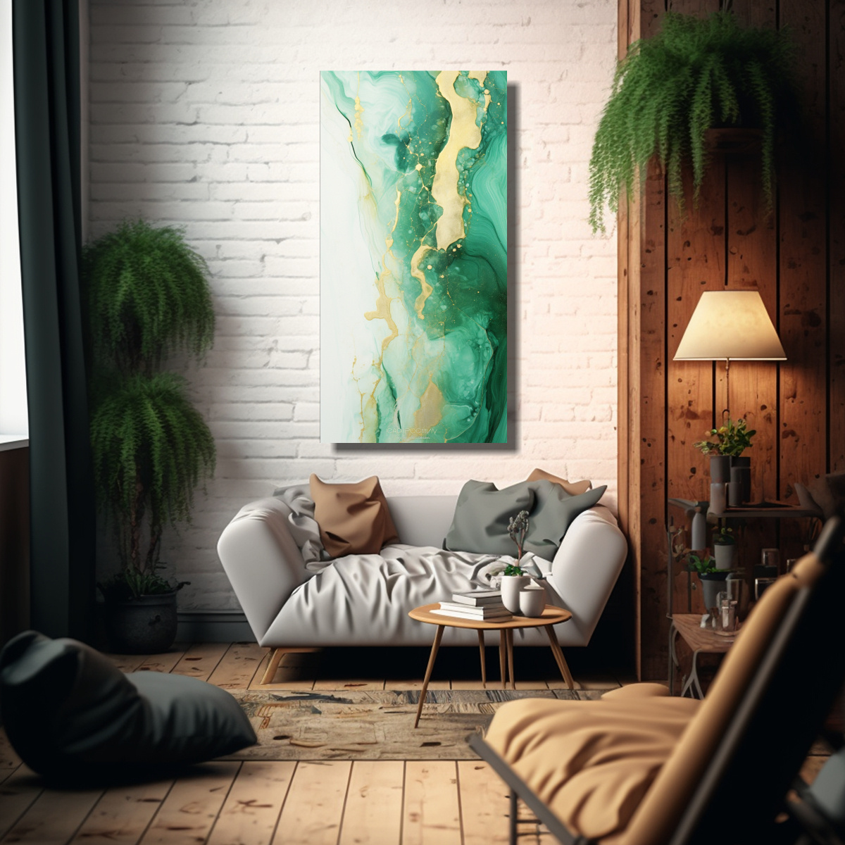 pintura-de-pared-en-esmeralda-blanco-y-oro-con-destellos-dorados-1