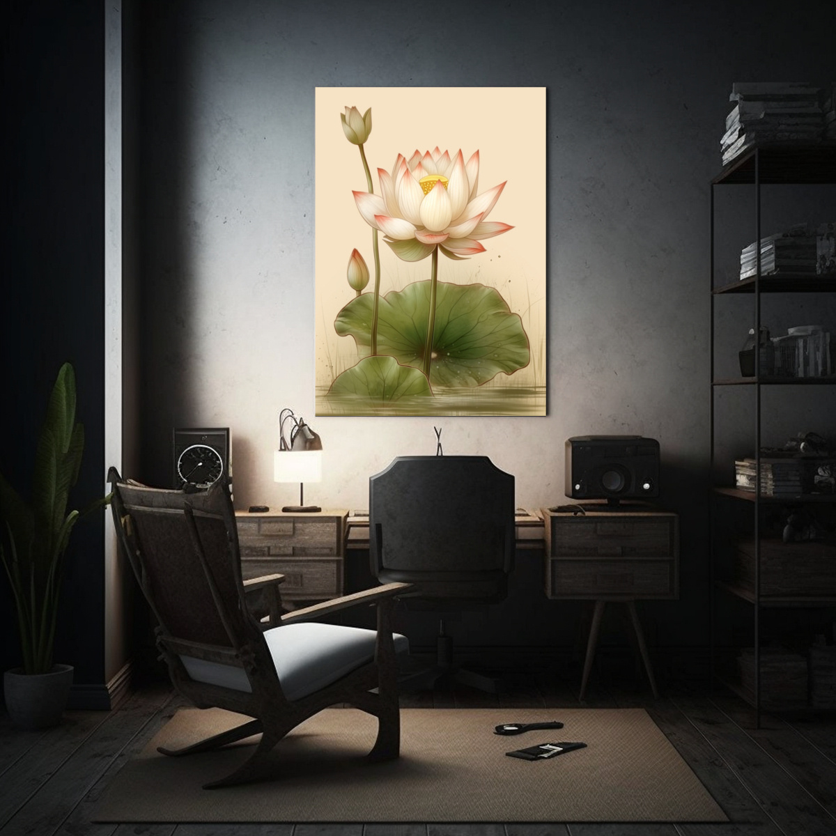 pintura-decorativa-canva-patron-intenso-con-motivo-de-loto-en-cuadro-de-papel-de-arroz-blanco-1