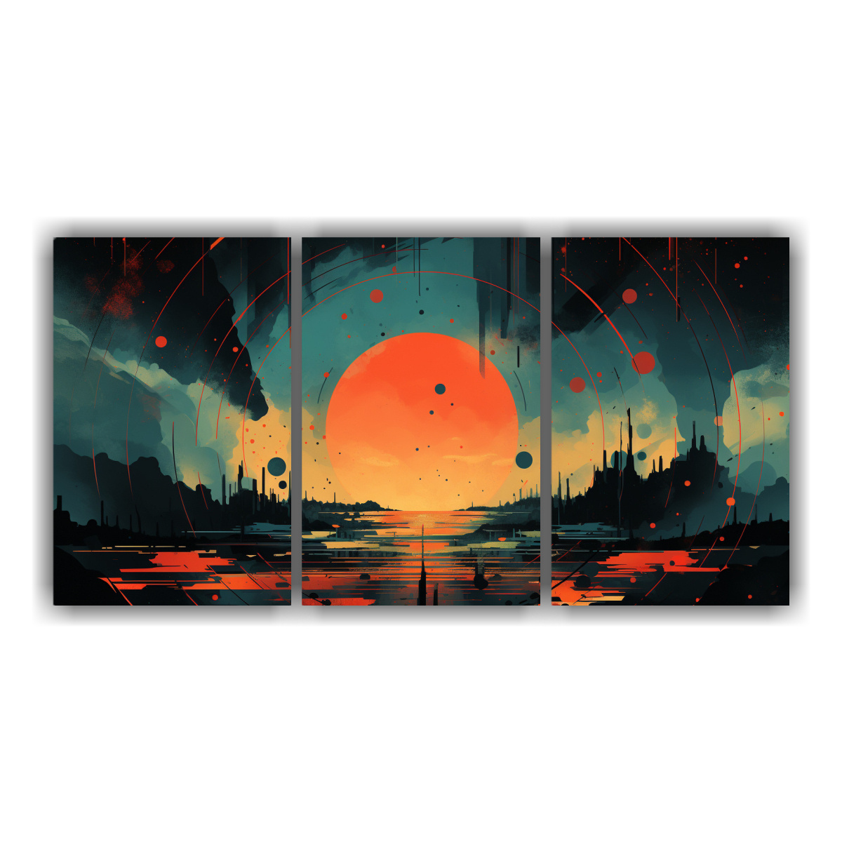 pintura-decorativa-con-c-rculo-y-colores-planos-electr-nicos-en-tres-lienzos