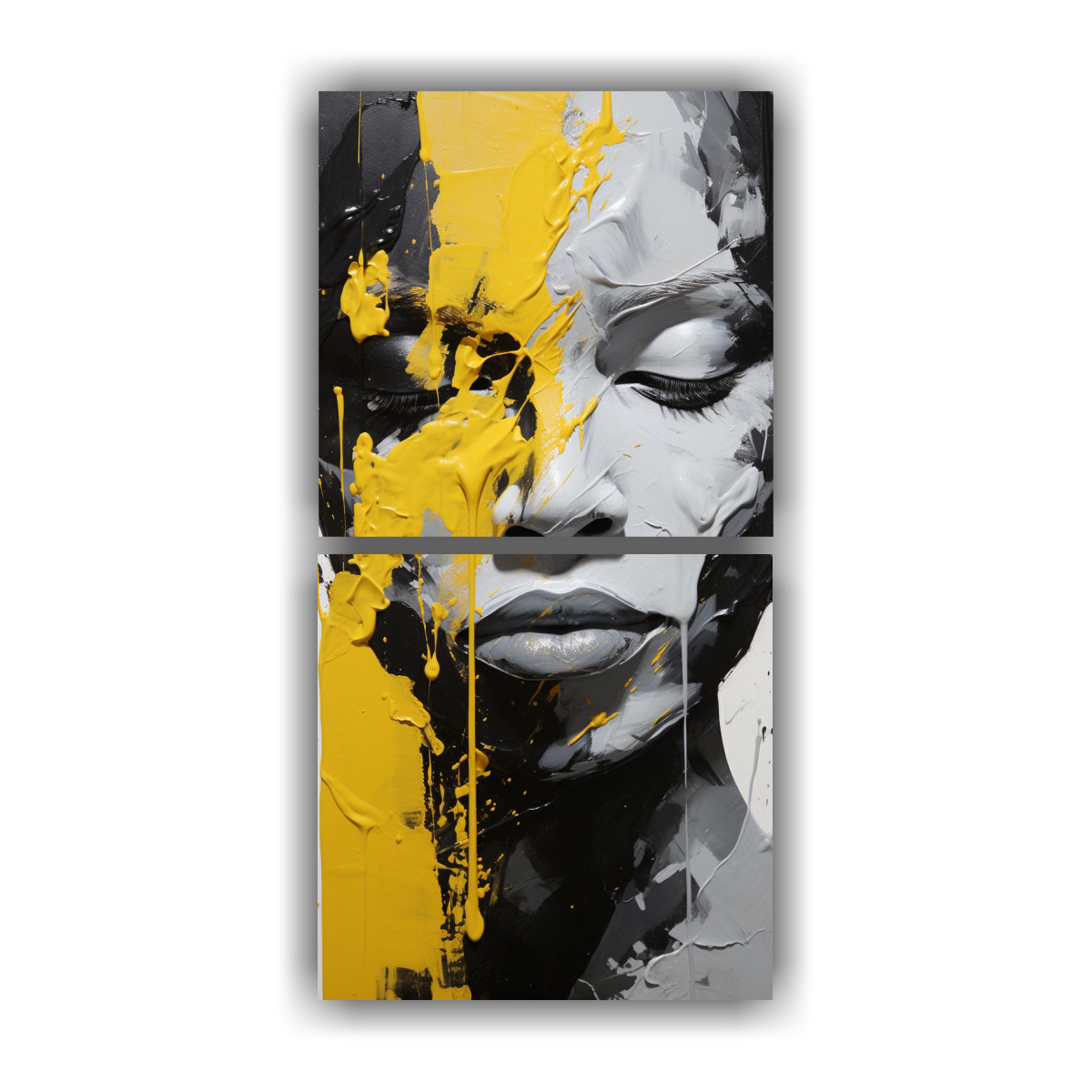pintura-decorativa-con-contornos-faciales-y-salpicaduras-plateadas-y-amarillas-en-dos-lienzos-de-tela