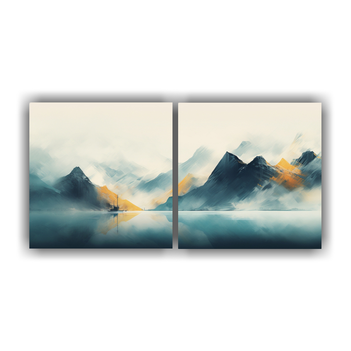 pintura-decorativa-dos-cuadros-vanguardia-fantasia-escena-de-monta-a-noruega-en-niebla-turquesa-y-dorada