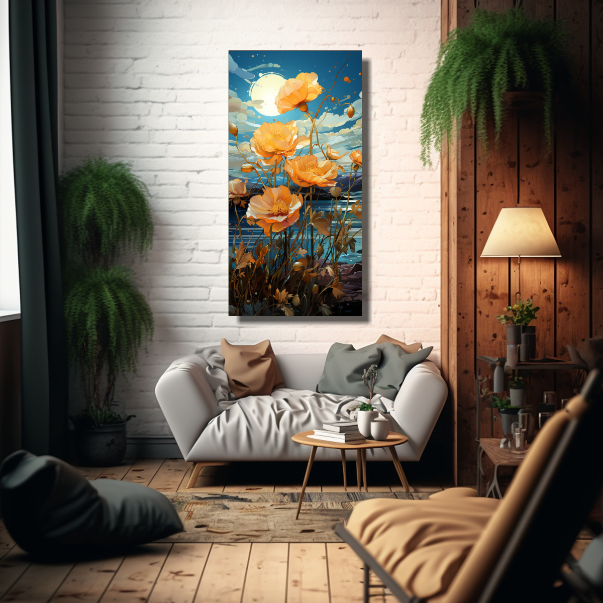 pintura-decorativa-en-lienzo-con-flores-amarillas-y-rosas-en-el-cielo-1