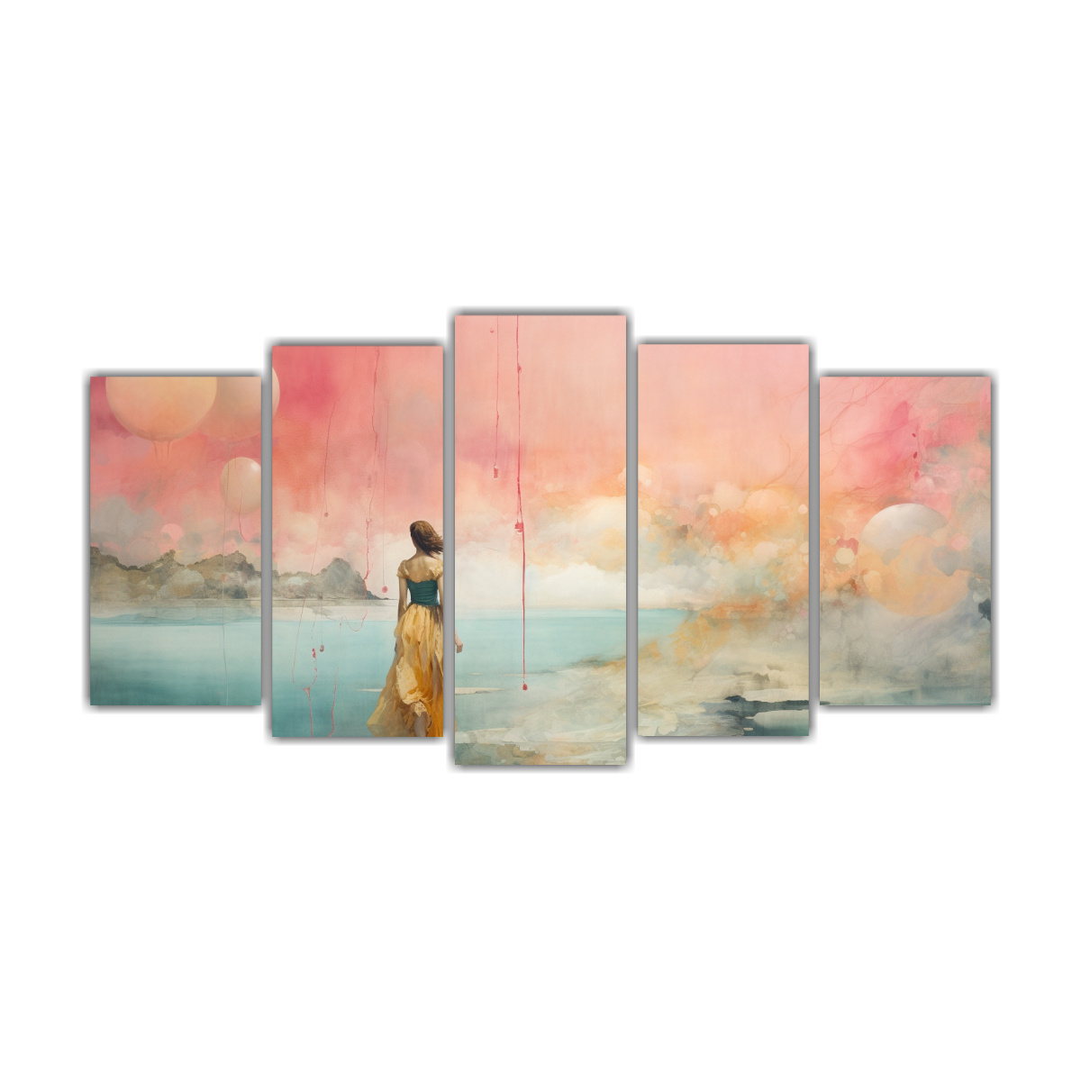 pintura-decorativa-set-5-lienzos-escenario-en-acuarela-rosa-turquesa-y-dorado-