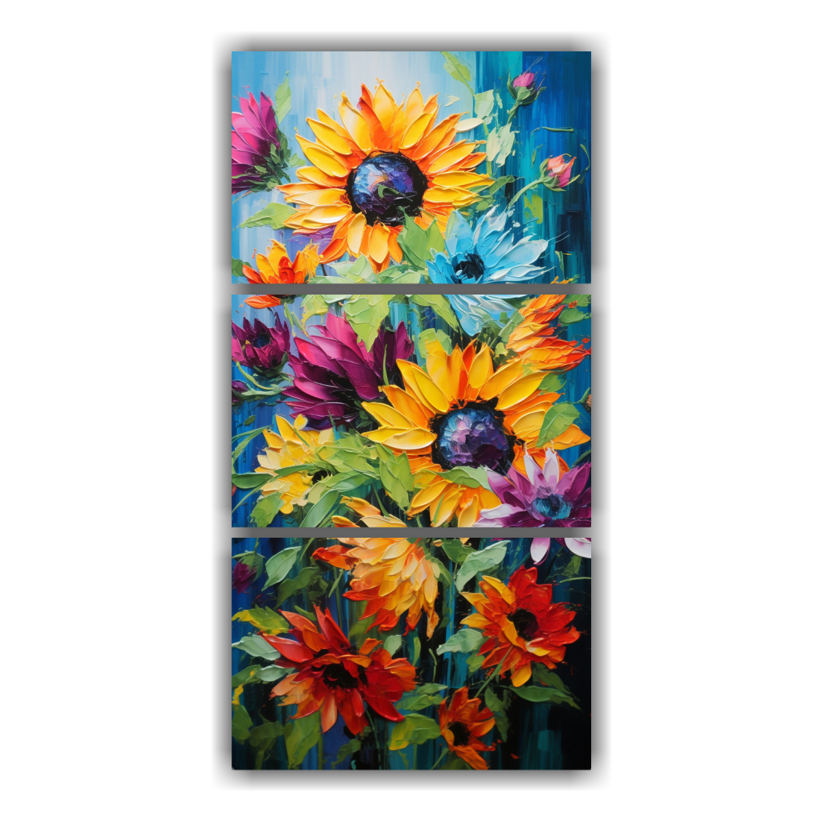 pintura-decorativa-tres-artes-brillante-de-girasoles-arco-ris-en-lienzo