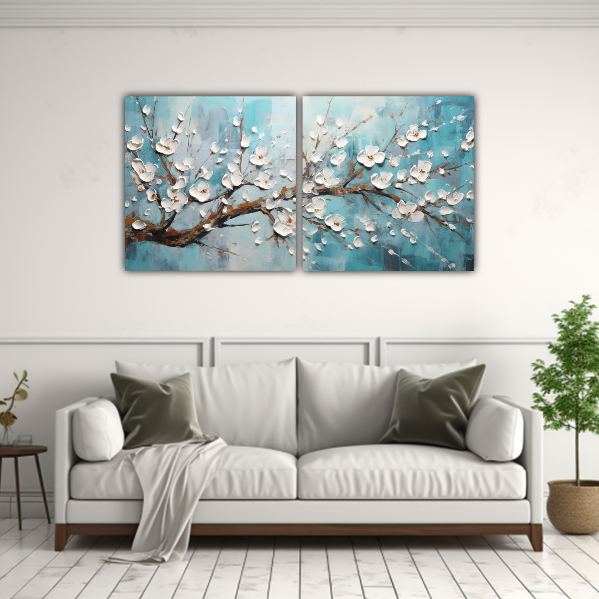 pintura-en-lienzo-de-dos-cuadros-de-dibujo-living-en-turquesa-con-flores-de-cerezo-1