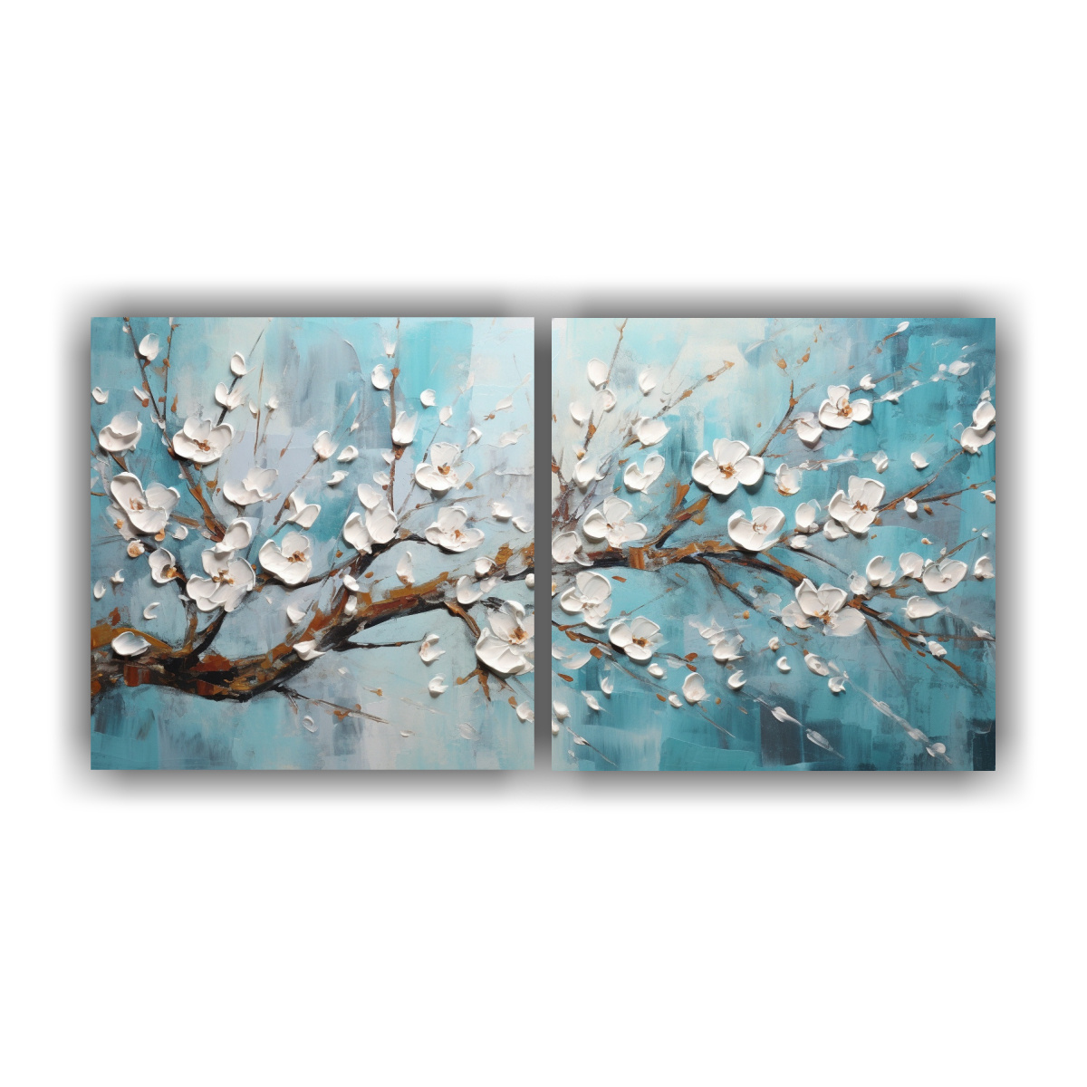 pintura-en-lienzo-de-dos-cuadros-de-dibujo-living-en-turquesa-con-flores-de-cerezo