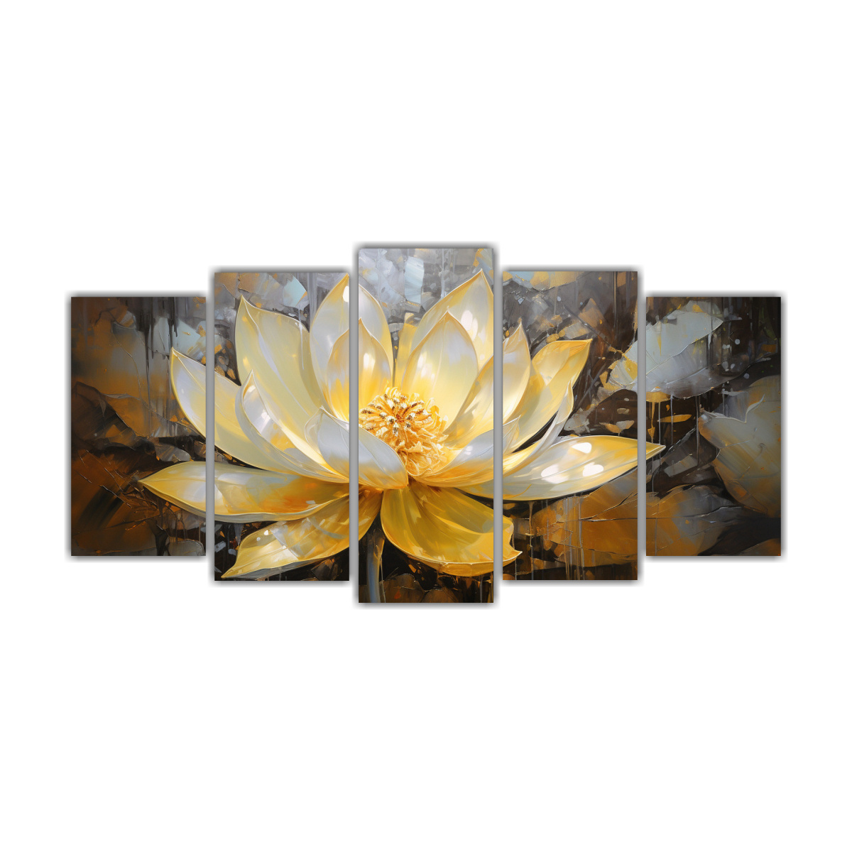 pintura-en-lienzo-de-loto-amarillo-estilo-decorativo-de-cinco-cuadros-a-dimensiones-de-colores-