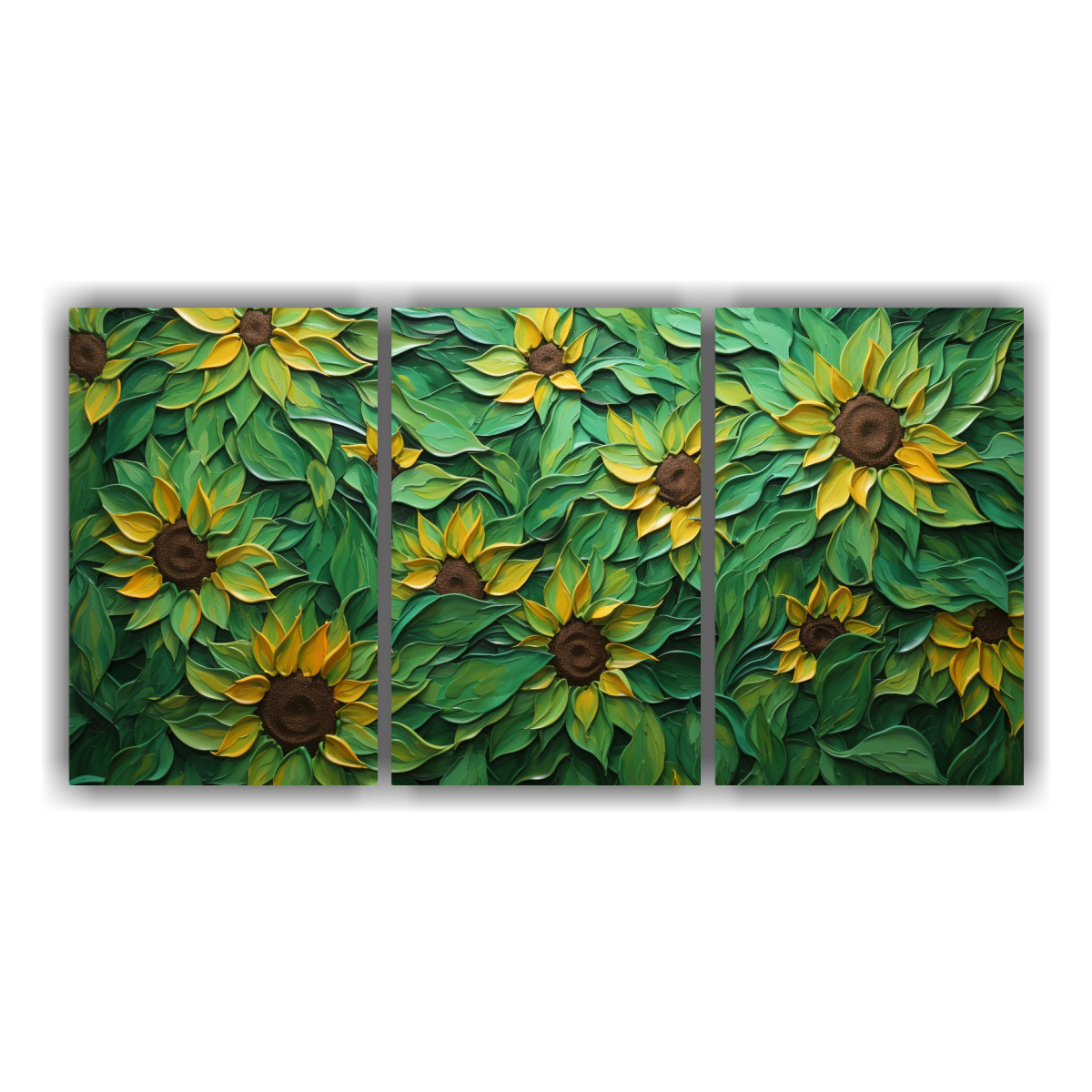 pintura-en-lienzo-de-tres-hermosas-composiciones-exuberantes-de-girasoles-verdes-al-estilo-decorativo