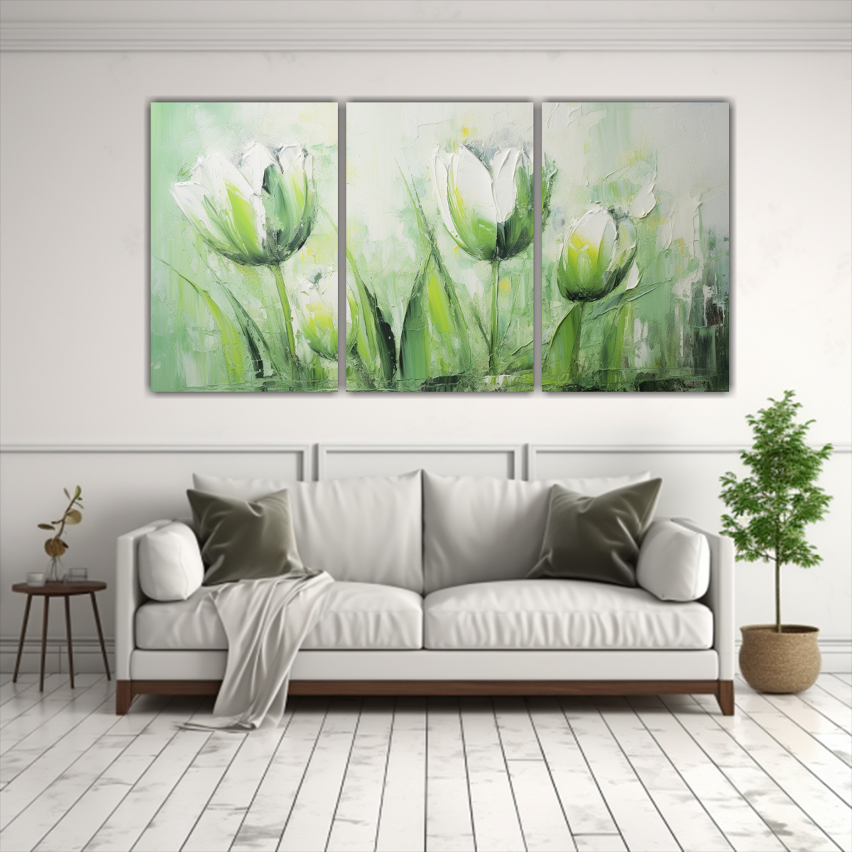 pintura-en-lienzo-estilo-naturaleza-viva-tulipanes-verdes-set-3-lienzos-finas-lineas-1