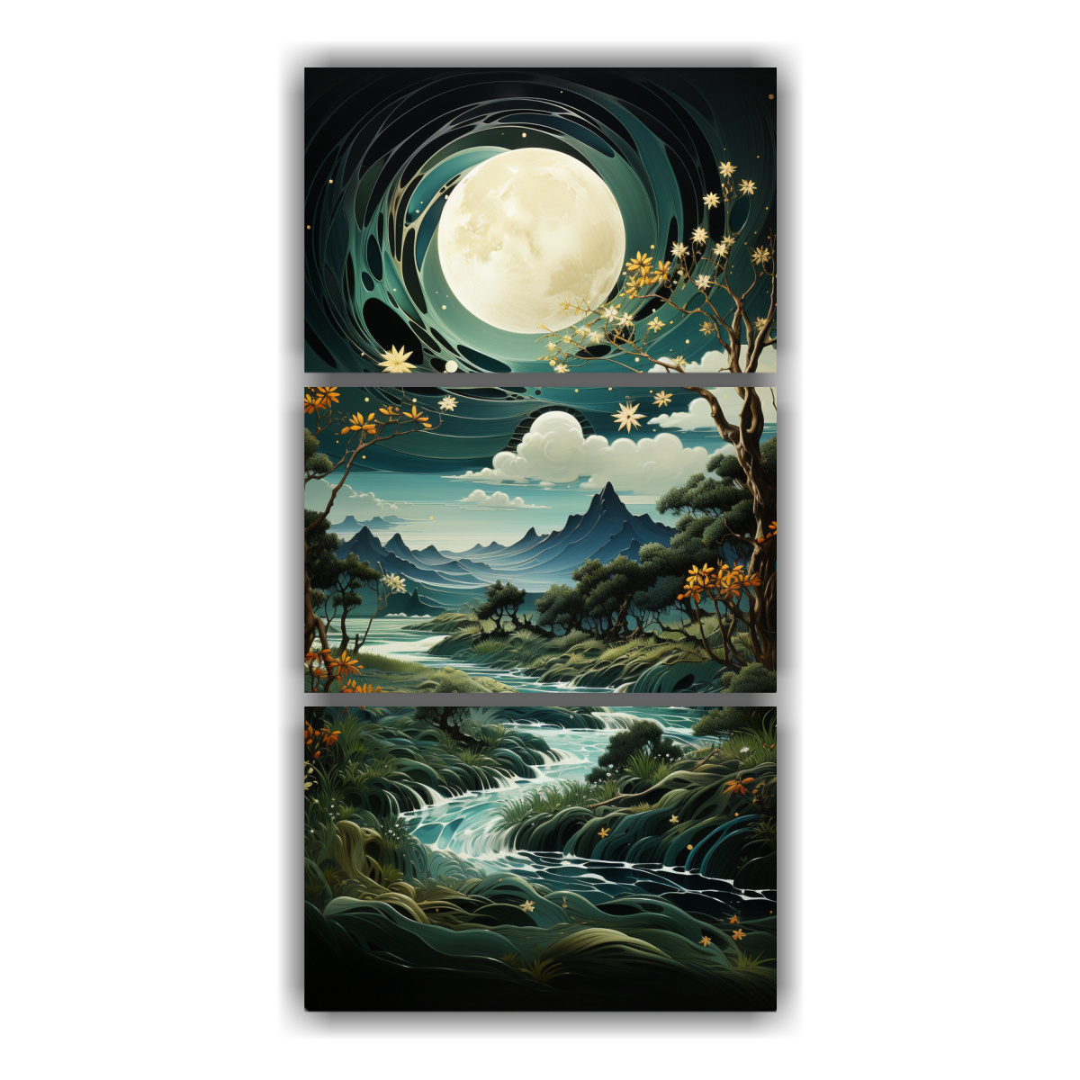 pintura-tr-ptico-movimiento-interiores-con-luna-y-monta-as-en-decoraci-n