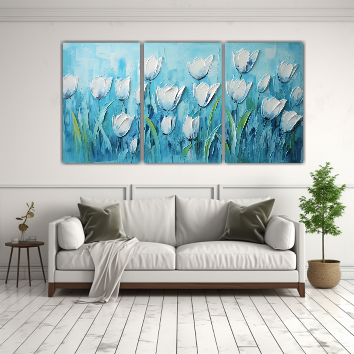 pintura-tres-telas-en-bastidor-turquesa-con-textura-espectacular-de-tulipanes-1