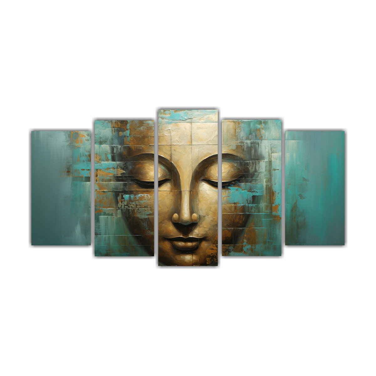 pinturas-abstractas-originales-de-buddha-en-leo-estilo-abstracto-oro-y-turquesa-de-5-lienzos-de-tela