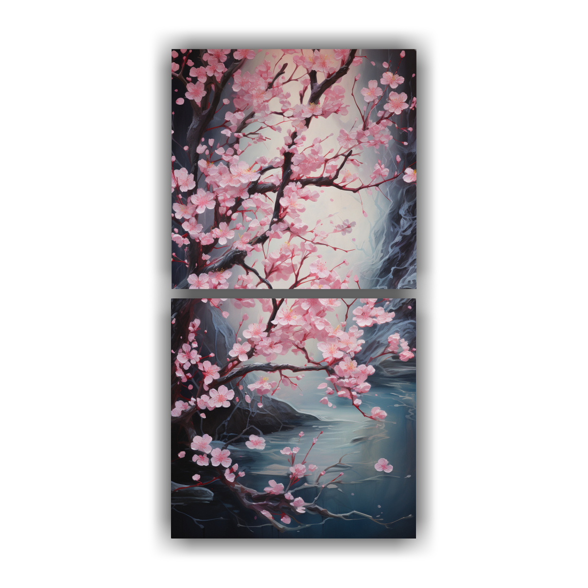 pinturas-de-decoraci-n-con-delicadas-flores-de-cerezo-flotando-en-un-r-o-tranquilo