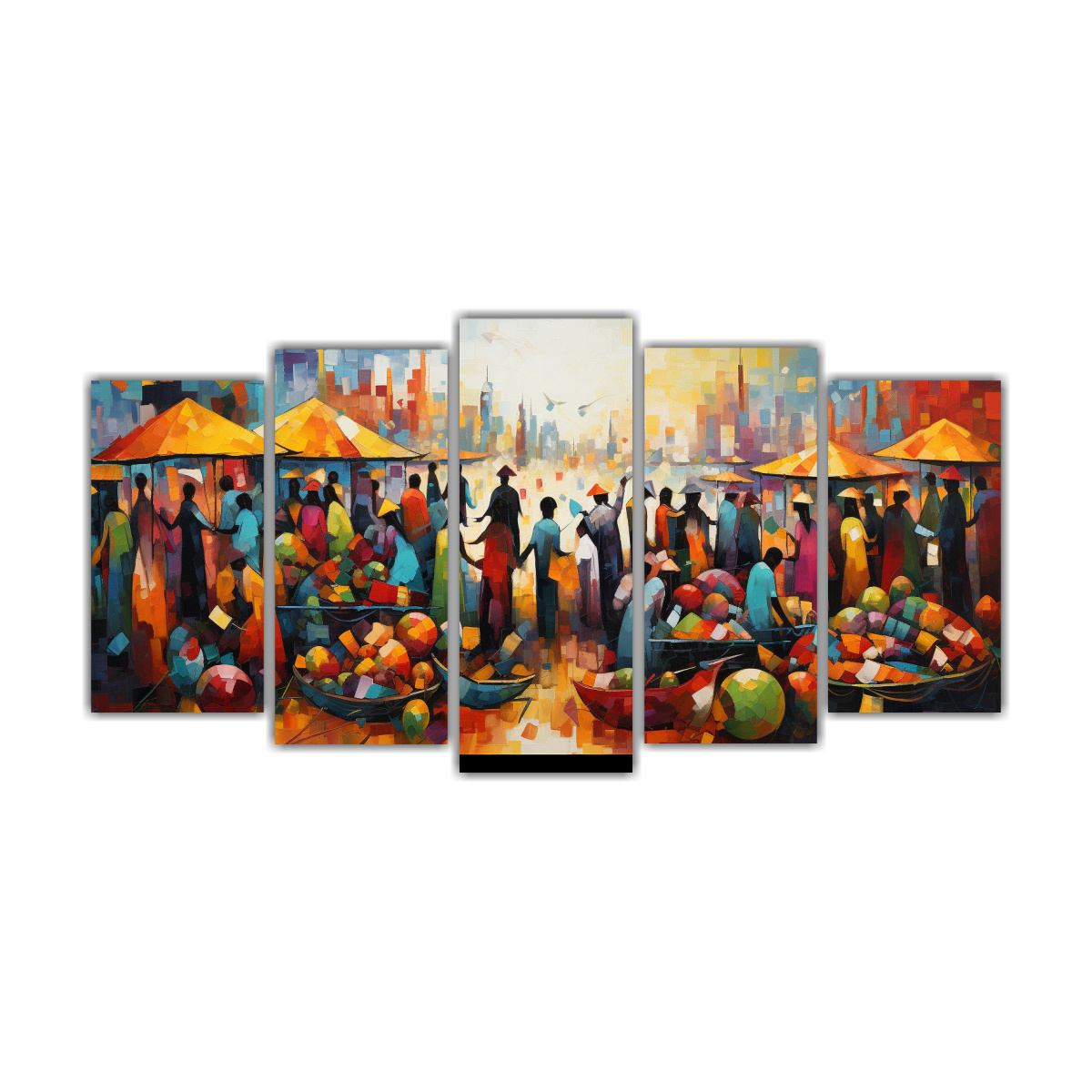 pinturas-de-decoraci-n-de-cinco-lienzos-vanguardia-que-representan-escena-de-mercado-animado