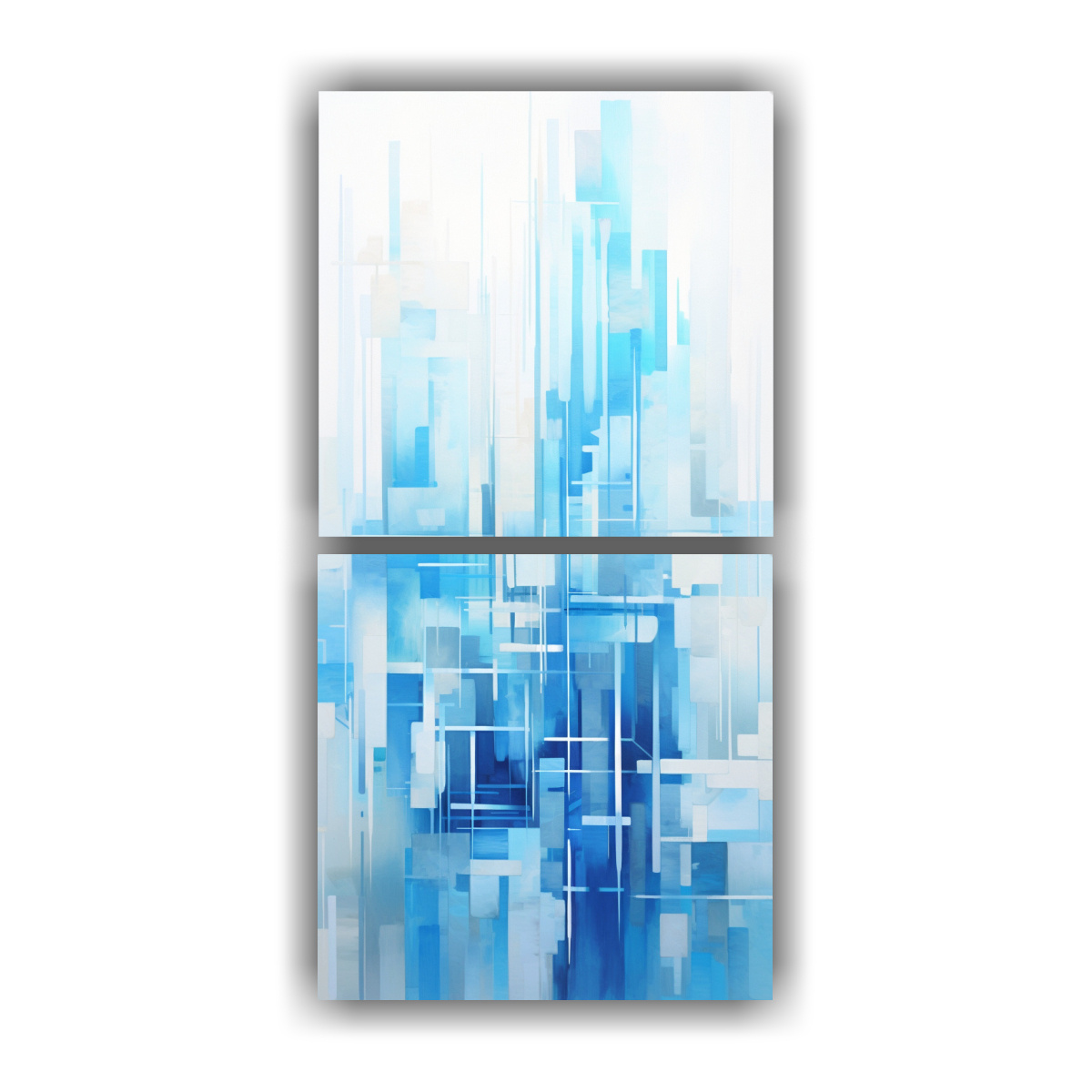 pinturas-decorativas-abstractas-de-edificios-de-ciudad-en-tonos-azules-y-blancos