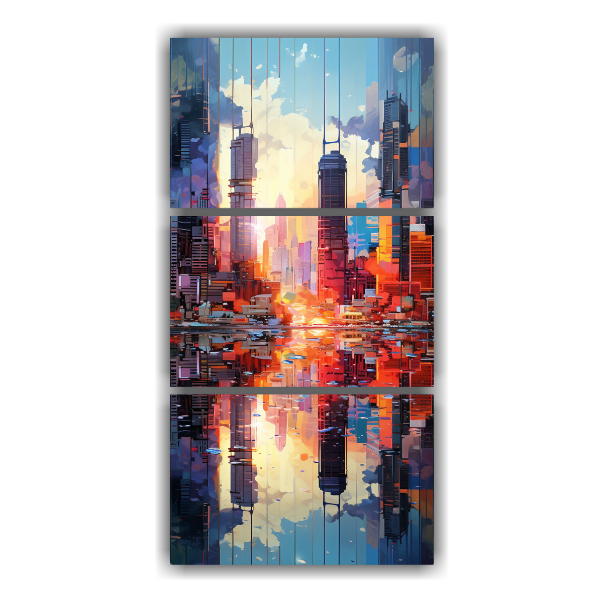 pinturas-decorativas-de-alta-calidad-vista-urbana-con-luz-matutina-reflejada-en-3-telas-en-bastidor