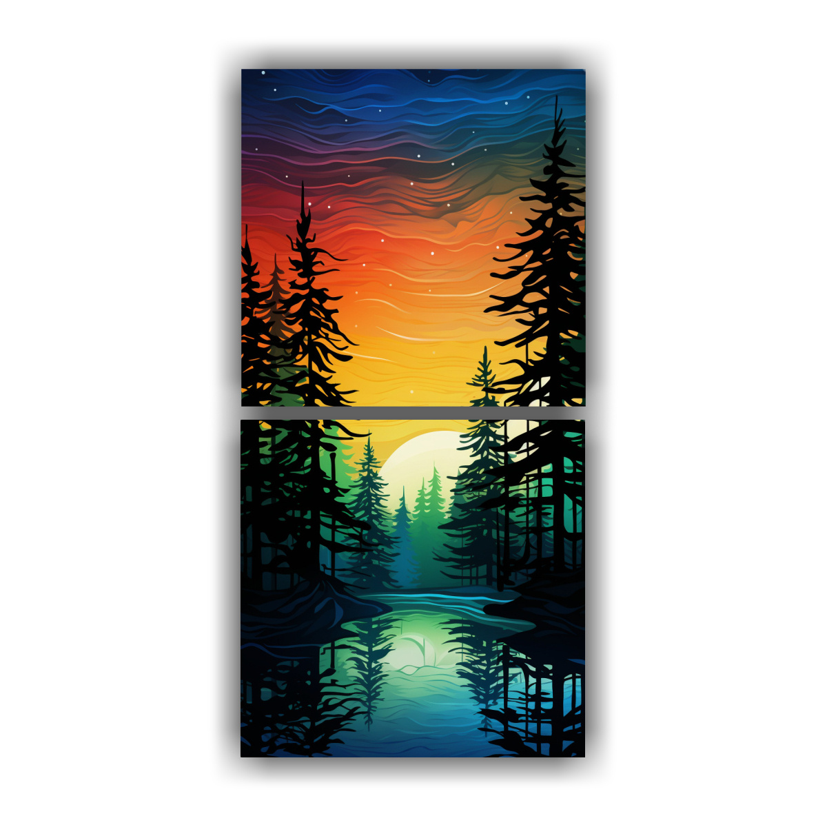 pinturas-decorativas-de-composici-n-colorida-de-dos-artes-con-rboles-silueteados-contra-un-atardecer-abstracto