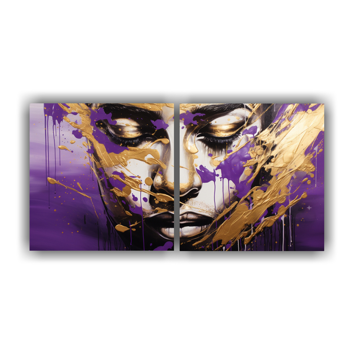 pinturas-decorativas-de-contornos-faciales-y-salpicaduras-de-oro-y-morado-en-lienzo