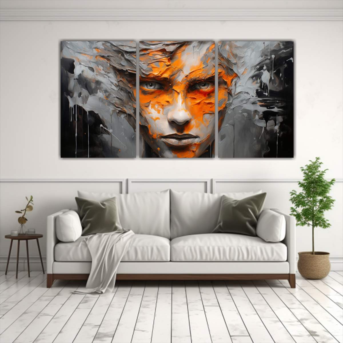 pinturas-decorativas-de-lienzo-moderno-con-detalles-faciales-intrincados-salpicaduras-plateadas-y-naranjas-1