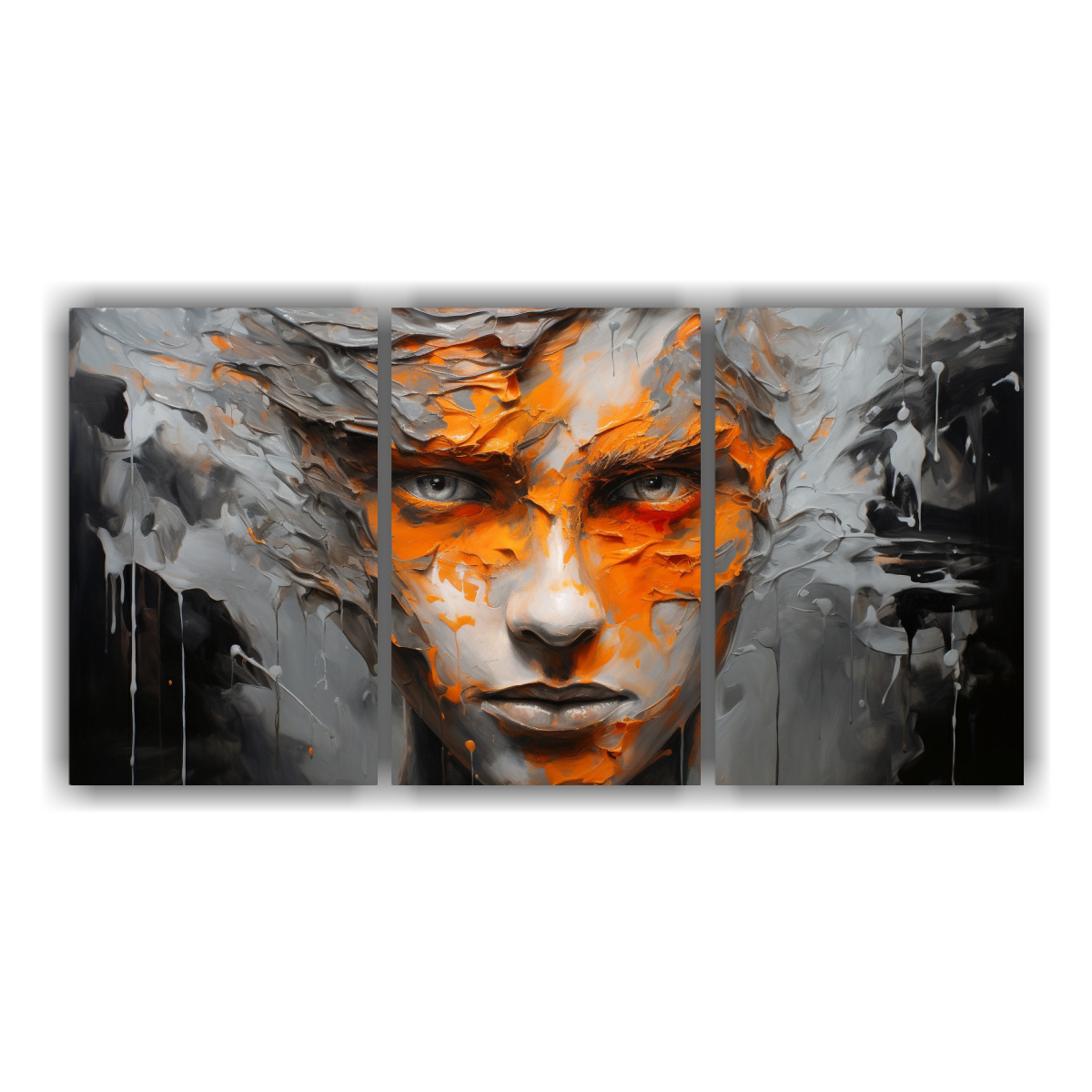 pinturas-decorativas-de-lienzo-moderno-con-detalles-faciales-intrincados-salpicaduras-plateadas-y-naranjas