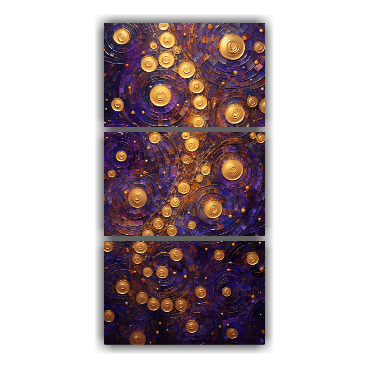 pinturas-decorativas-de-lienzo-tema-artesanal-con-espirales-y-remolinos-en-tonos-morados-profundos-y-dorados