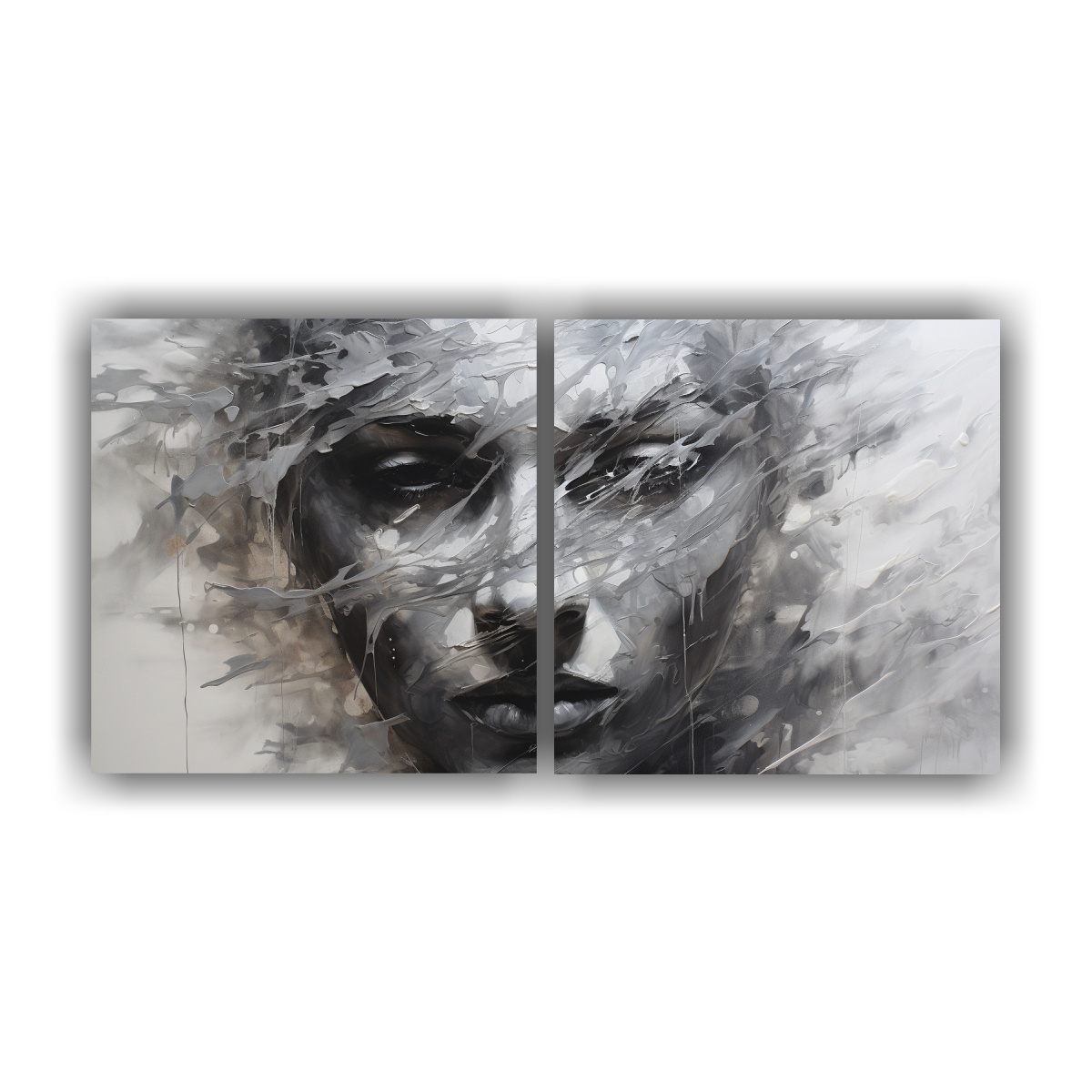 pinturas-decorativas-de-lienzo-urbano-con-contornos-faciales-y-salpicaduras-plateadas-y-blancas