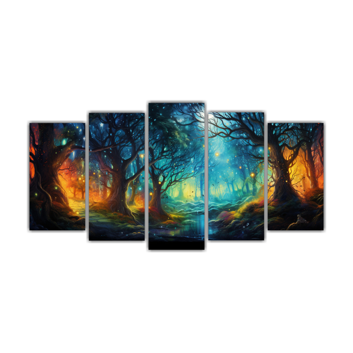 pinturas-decorativas-en-bastidor-de-cinco-telas-con-hermosa-creatividad-bosque-encantado-en-brillos-abstractos