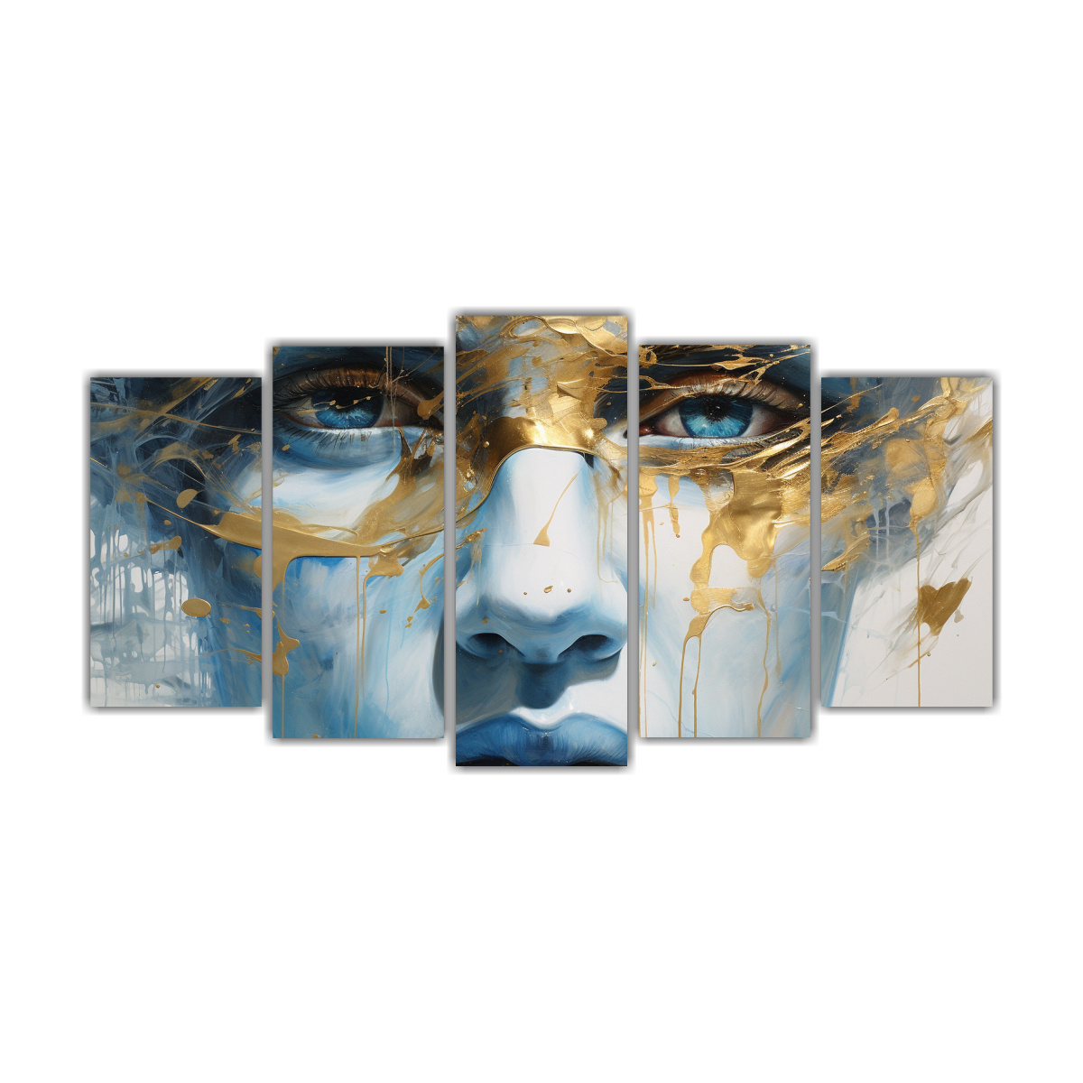 pinturas-decorativas-espectaculares-con-contornos-faciales-y-salpicaduras-en-oro-y-azul-en-un-juego-de-5-telas-