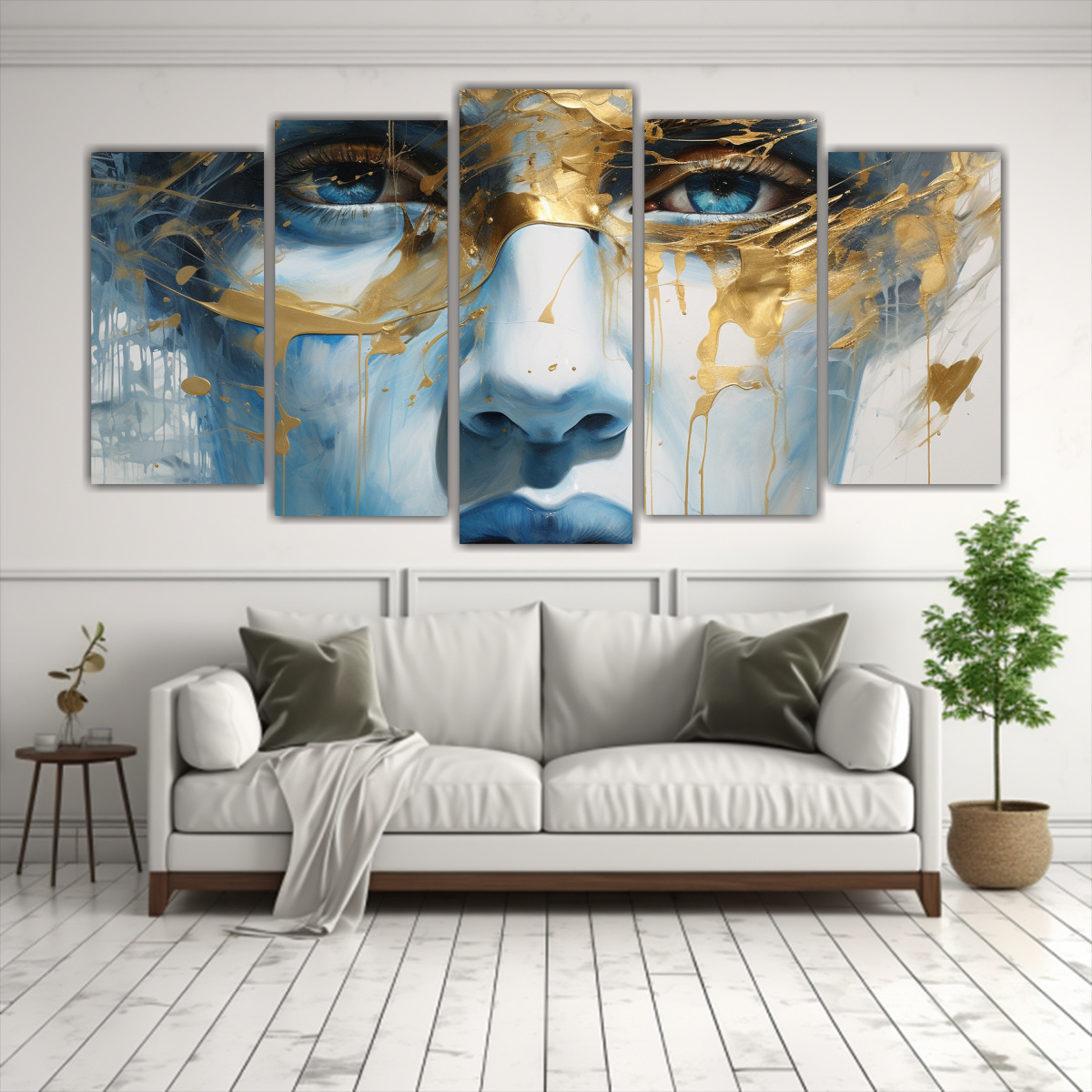 pinturas-decorativas-espectaculares-con-contornos-faciales-y-salpicaduras-en-oro-y-azul-en-un-juego-de-5-telas-1-1