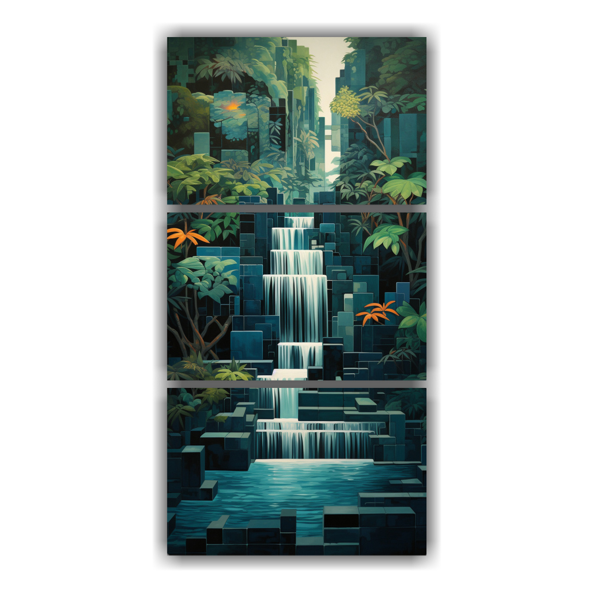 pinturas-decorativas-modernas-tr-ptico-llamativo-de-geometr-as-en-cascada-azul-y-verde