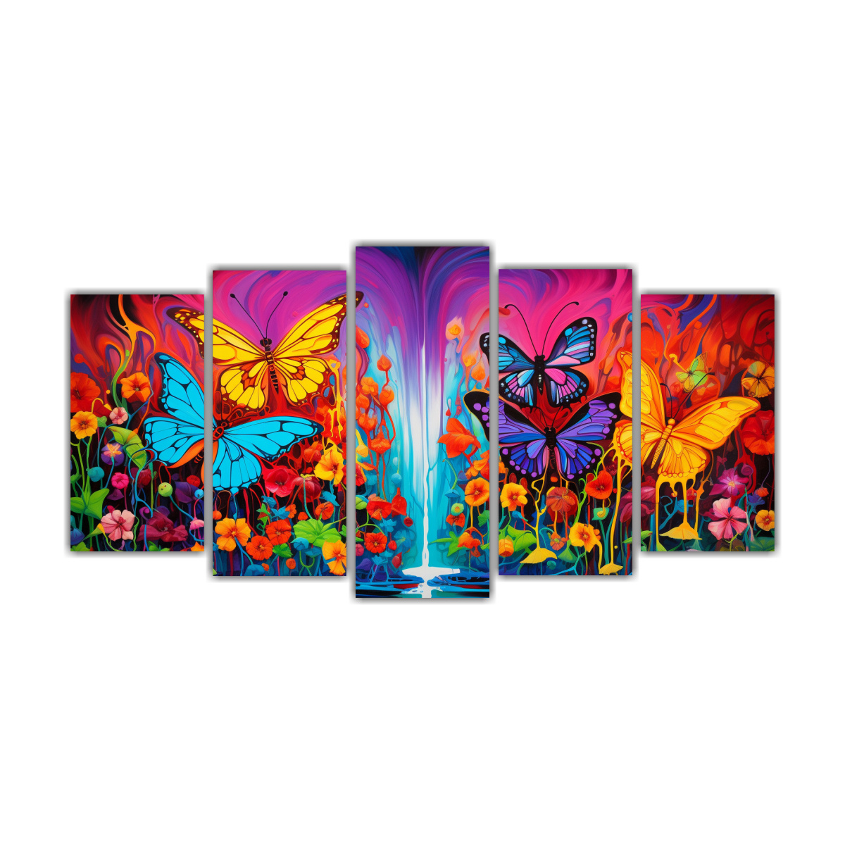 pinturas-decorativas-originales-con-tres-mariposas-y-flores-psicod-licas