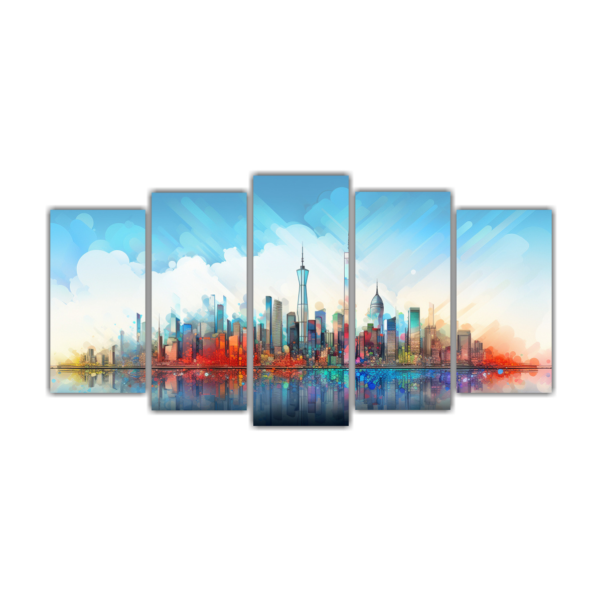pinturas-decorativas-set-5-lienzos-conceptuales-un-horizonte-urbano-de-formas-geom-tricas