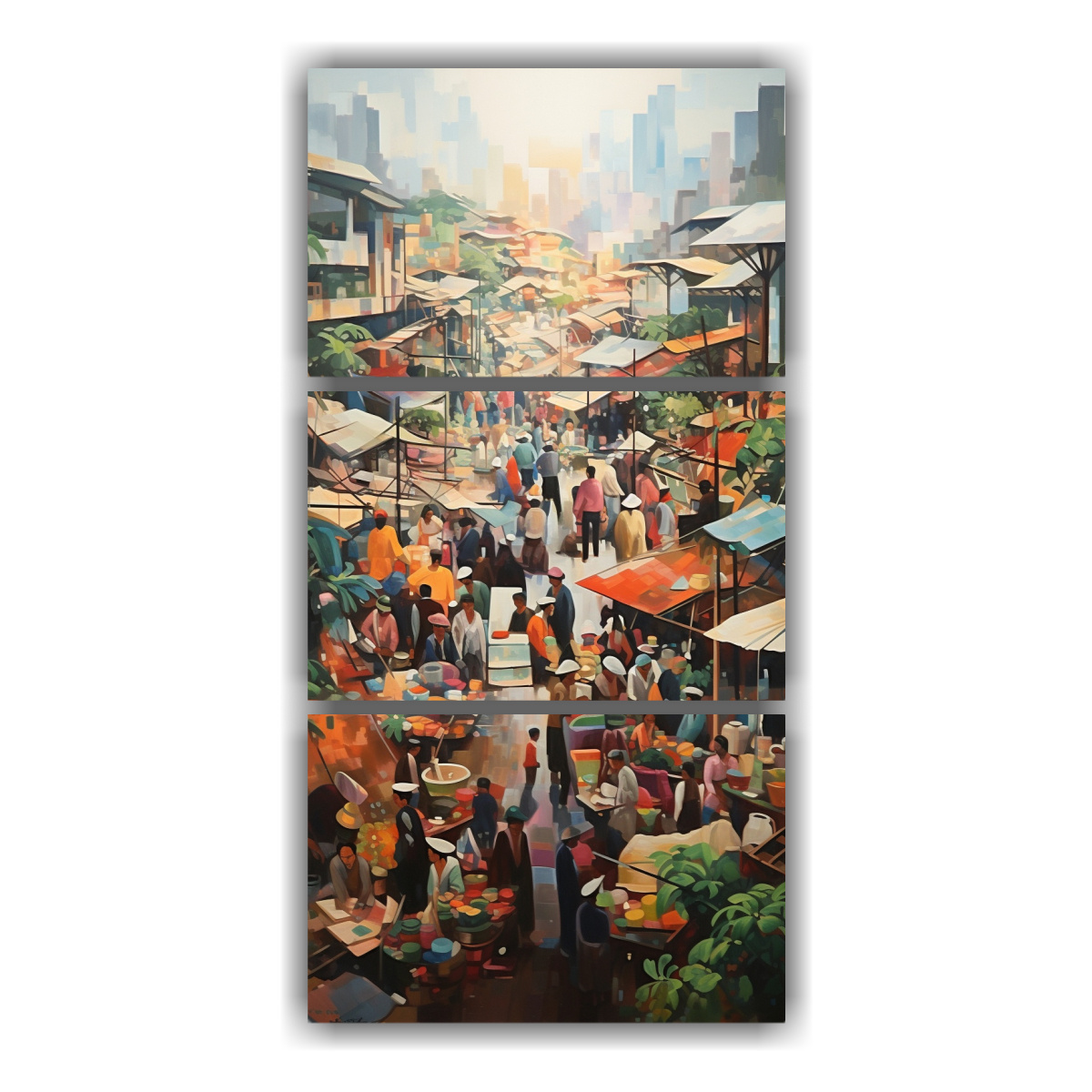 pinturas-decorativas-verticales-florales-de-tres-cuadros-el-ritmo-abstracto-de-un-mercado-bullicioso-con-ven