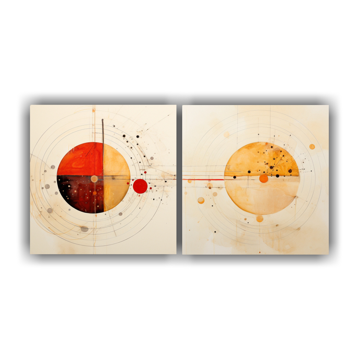 pinturas-dos-canvas-calidos-armonia-con-c-rculo-de-puntos-y-l-neas-coloreadas